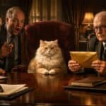 expensive office with a mahogany table. On one side, two greedy-looking